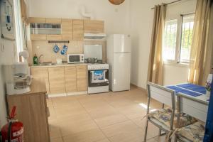 a kitchen with a refrigerator and a table with a chair at Blue Water Escape in Agioi Theodoroi +20 photos