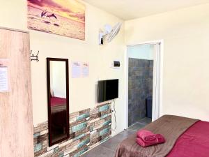 a bedroom with a bed and a tv on a wall at Bon Bini Kokolishi in Willemstad +60 photos