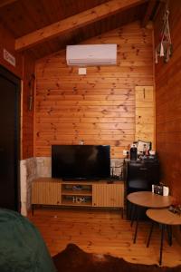 a living room with a television on a wooden wall at Airport Comfort Nest in Kamëz