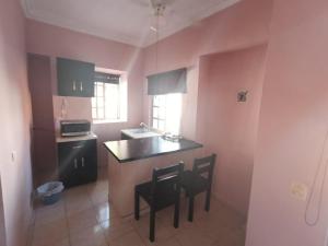 a kitchen with a counter and two chairs and a sink at Garcias Suites Cuauhtémoc in Linares
