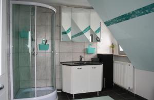 a bathroom with a shower and a sink at Ferienwohnung Hexenhäusla in Gößweinstein +19 photos