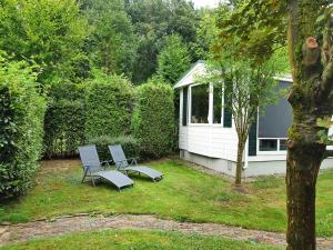 a yard with two lounge chairs and a house at Vechtdal Chalet de Eik in Rheezerveen