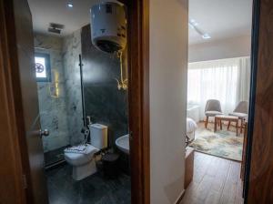 a bathroom with a toilet and a shower and a sink at Tuya pyramids INN in Cairo