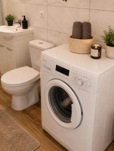 a white washing machine in a bathroom with a toilet at DalkoskaStreet in Gniezno