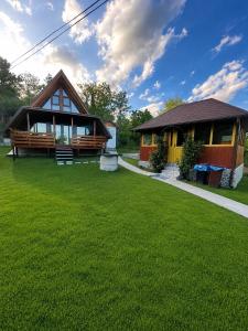 a house with a green lawn in front of it at Casa Edy in Călimăneşti