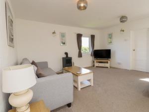 a living room with a couch and a tv at Maes Y Coed in Pwllheli