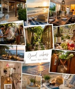 a collage of photos of a house and the ocean at Happy House in Kranevo