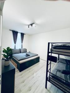 a living room with a bed and bunk beds at Apartmány 68 in Kámen +89 photos
