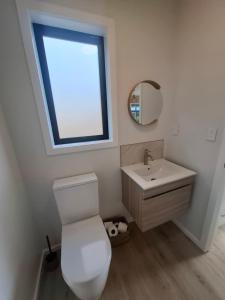 a bathroom with a toilet and a sink and a window at Totaranui Accommodation Chalet 2 in Tata Islands