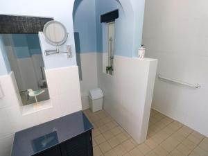 a small bathroom with a toilet and a mirror at The Stables in Flemingston +35 photos