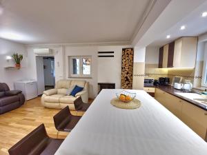 a kitchen and living room with a large white table at Apartment Učka Home in Tuliševica