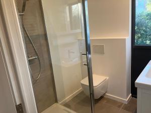 a bathroom with a shower and a toilet at The Tiny House in Nieuwpoort +8 photos