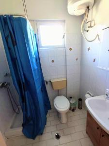 a bathroom with a toilet and a blue shower curtain at Klimatsias Beach Apartment in Pesádha