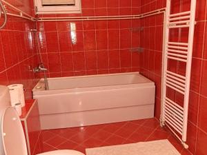 a red tiled bathroom with a tub and a toilet at Kuca Kosta in Pale +10 photos