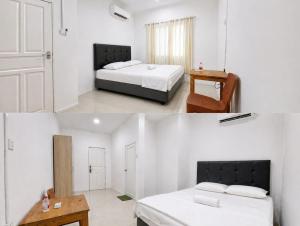 two pictures of a bedroom with two beds in it at Hotel Suka Indah in Cikembulan