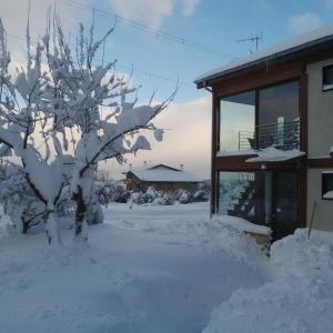een boom bedekt met sneeuw naast een gebouw bij Masseria del Ponte in Pretoro