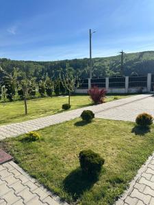 a garden with a brick walkway and grass at Casa Tică in Vama Buzăului