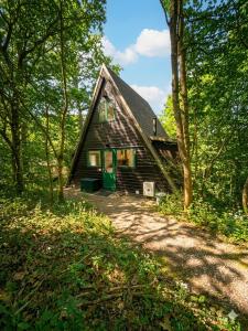a log cabin with a green door in the woods at Boshuis Green Forest in Durbuy