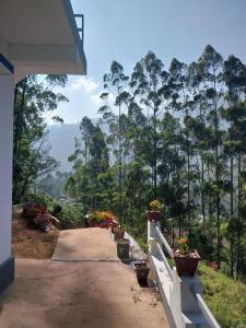 a walkway with potted plants on a fence at Grace villa Homestay in Vattavada
