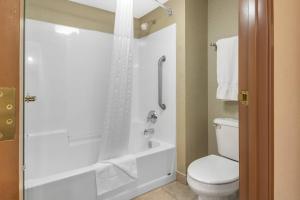 a bathroom with a toilet and a shower with a shower curtain at Comfort Inn Iron Mountain North in Iron Mountain +34 photos