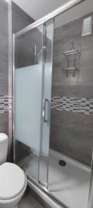 a bathroom with a glass shower with a toilet at Studio 4 Personnes côté Sud in Superdevoluy +3 photos