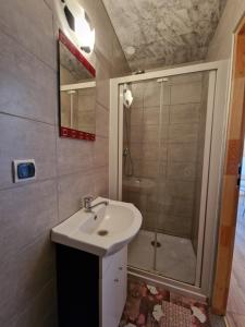 a bathroom with a sink and a shower at Cichy Potok in Polańczyk +9 photos