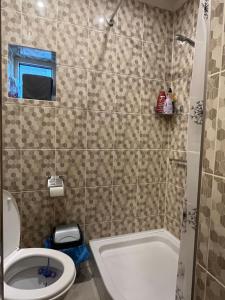 a bathroom with a toilet and a bath tub at Pavasari in Cēsis
