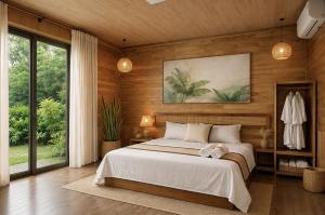 a bedroom with a large bed and a large window at Hidden Valley Eco Retreat Trang An in Ninh Binh