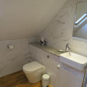 a white bathroom with a toilet and a sink at Maltings Loft in Hepworth +22 photos