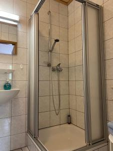 a shower with a glass door in a bathroom at Gästezimmer Rittergut Inh. Christian Eickhoff in Heldburg +32 photos