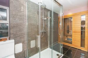 a bathroom with a shower with a glass enclosure at Navitie Apartment in Ballingry +18 photos