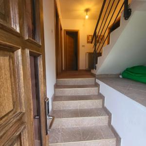 a stairway with a wooden door and a stair case at Kozorog Durmitor in Žabljak
