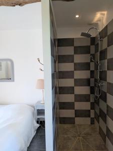 a bedroom with a shower next to a bed at La Maison du temps retrouvé in Berville +45 photos