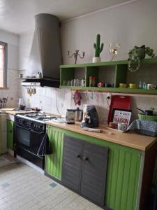 a kitchen with green and blue cabinets and a stove at Le Passager Cilaos maison privée in Cilaos