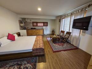 a bedroom with a large bed and a flat screen tv at Gound Floor Studio Appartment in Kulu