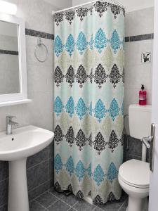 a bathroom with a shower curtain and a sink at Aleka Apartments in Kos +198 photos