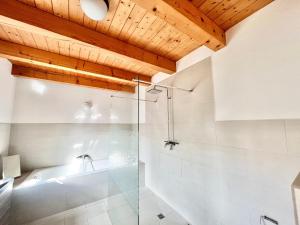 a bathroom with a shower and a glass wall at Kachelofenhaus in Fehmarn