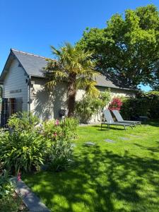 a house with a palm tree and a bench in a yard at Les Mûres in Saint-Lunaire