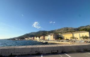 a town by the water with buildings and houses at Studio apartman i sobe SIDRO in Karlobag