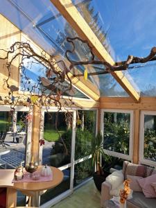 a conservatory with a glass ceiling with a chandelier at Beates Daham in Fohnsdorf