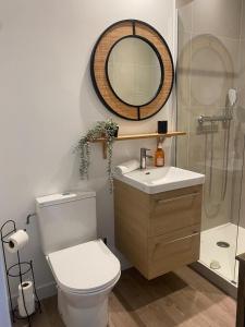 a bathroom with a toilet and a sink and a shower at Charmant Studio in Le Teich