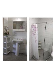 two pictures of a bathroom with a shower and a sink at Artemida Suites in Hanioti +44 photos
