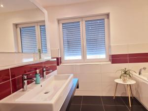 a bathroom with a sink and two windows with blinds at JM Swiss Space Hostel in Langrickenbach