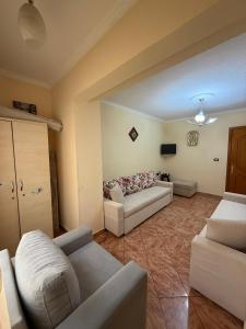 a living room with two couches and a tv at Cozy Pogradec in Pogradec
