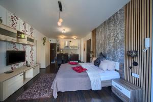 a bedroom with a large bed and a television at Budapest Center Residence in Budapest +148 photos