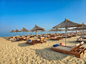 a bunch of chairs and umbrellas on a beach at Sunny Beach Apartments - 147 in Durrës +23 photos