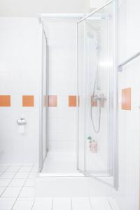 a shower with a glass door in a bathroom at Grand Rue Studio - sleeps 5 in Luxembourg +29 photos