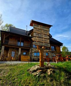 a wooden sign in front of a log cabin at Panorama Lodge in Pec pod Sněžkou