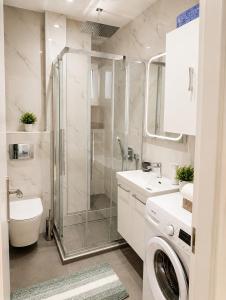 a bathroom with a shower and a washing machine at Belvedere Penthouse Suite in Tríkala +17 photos