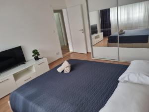 a bedroom with a bed and a tv and a mirror at Apartman Milica 1 in Doboj